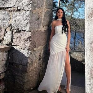 White Strapless Gown with Slit for Brides